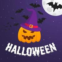 Banner de postal de texto de feliz halloween con cara de miedo en calabaza vector
