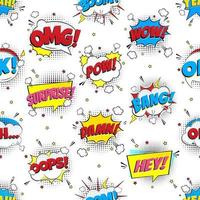 Colorful comic speech bubbles seamless pattern w1ith phrases OMG, POW, BANG, OOPS, WOW, SURPRISE, BOOM etc. Flat style design vector illustration isolated on white background. Chaotic version.