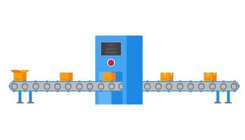 The industrial factory conveyor belt on packing in flat style design vector illustration isloated on white background. Automatic packagind on the factory plant. Industrial computer, belt and boxes.