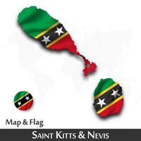 Saint Kitts and Nevis map and flag . Waving textile design . Dot world map background . Vector