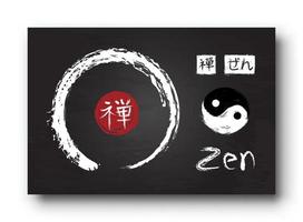 Enso zen circle with kanji calligraphy  Chinese . Japanese  alphabet translation meaning zen . Yin and yang symbol . Black color chalkboard background with old scratch texture . Vector illustration .