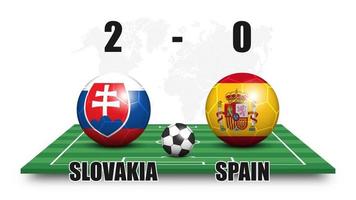 Slovakia vs Spain . Soccer ball with national flag pattern on perspective football field . Dotted world map background . Football match result and scoreboard . Sport cup tournament . 3D vector design