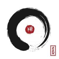 Enso zen circle style . Sumi e design . Black color . Red circular stamp and kanji calligraphy  Chinese . Japanese  alphabet translation meaning zen . White isolated background . Vector illustration .