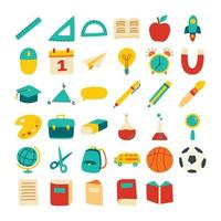 Back to school icon set flat color style. Education hand drawn objects and symbols. vector