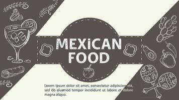 Illustration sketch for the design in the center of the circle the inscription Mexican food chili pepper a glass with a drink maracas and cacti coffee background vector