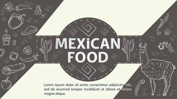Illustration sketch for the design in the center of the circle the inscription Mexican food Animal Alpaca or llama plant cactus burritos tequila drink vector