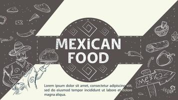 Illustration sketch for the design in the center of the circle the inscription Mexican food Mexican b holds a tray with a tortilla taco road sign vector