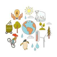 Global warming icon set isolated on white background. Arctic animals icons, thermometer, windmill, sun, recycling, eco food, save energy, cycling. Vector illustration