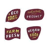 Eco badge set in handraw style. Organic logo. Vegan product labels, natural food and eco vegetables badges, fresh and healthy product stickers. Vector illustration