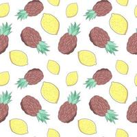 Seamless pattern with pineapples and lemons against white background. Vector endless texture in cartoon style with thin strokes. Exotic fruits