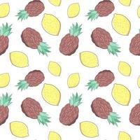 Seamless pattern with pineapples and lemons against white background. Vector endless texture in cartoon style with thin strokes. Exotic fruits