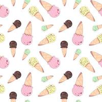 Seamless pattern with multicolored ice creams in waffle cones. Vector illustration on white background in cartoon style with stroke