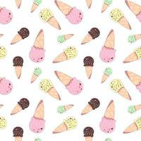 Seamless pattern with multicolored ice creams in waffle cones. Vector illustration on white background in cartoon style with stroke