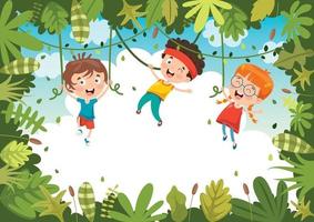 Happy Kids Swinging With Root Rope In Jungle vector