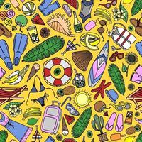 Bright seamless pattern with beach accessories and tropical fruits on a yellow background in vector