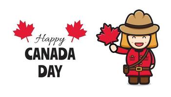 Cute girl character celebrated Canada Day cartoon vector icon illustration