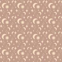 Magic vintage seamless pattern  boho with sun, moon, star isolated on beige background. Vector flat illustration. Bohemian design for wrapping, textile, wallpaper, backdrop, packaging