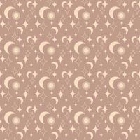 Magic vintage seamless pattern  boho with sun, moon, star isolated on beige background. Vector flat illustration. Bohemian design for wrapping, textile, wallpaper, backdrop, packaging