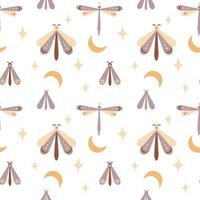 Magic seamless pattern  boho butterfly, moth, dragonfly with moon, star,eye isolated on white background. Vector flat illustration. Bohemian design  wrapping, textile, wallpaper, backdrop, packaging