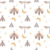 Magic seamless pattern  boho butterfly, moth, dragonfly with moon, star,eye isolated on white background. Vector flat illustration. Bohemian design  wrapping, textile, wallpaper, backdrop, packaging