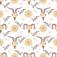 Magic vintage seamless pattern  boho ram skull with moon, star isolated on white background. Vector flat illustration. Bohemian design for wrapping, textile, wallpaper, backdrop, packaging