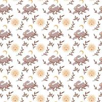 Magic vintage seamless pattern  boho rabbit with moon, star, leaves isolated on white background. Vector flat illustration. Bohemian design for wrapping, textile, wallpaper, backdrop, packaging