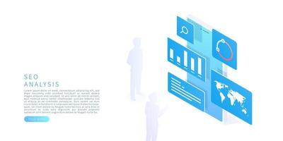 SEO analysis concept in isometric vector illustration. Digital marketing and seo data analytics. Vector illustration.