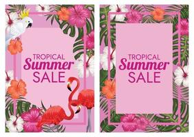 rosa floral con flamencos y texto venta de verano tropical