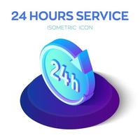 Icono de 24 horas. Servicio 24 horas signo isométrico 3d. símbolo de tiempo. creado para móvil, web, decoración, productos impresos, aplicación. perfecto para diseño web, banner y presentación. vector