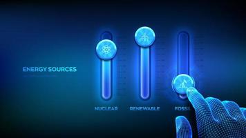 Panel de control de fuentes de energía para combustibles fósiles, combustibles nucleares y energías renovables. concepto de sectores de la industria energética. La mano de estructura metálica ajusta un mezclador de fuentes de energía. consola de mezclado. vector