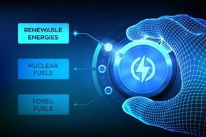 Energy industry sectors. Wireframe hand turning an energy transition button to switch from fossil fuels to renewable energies. Electric power generation via sustainable sources. vector