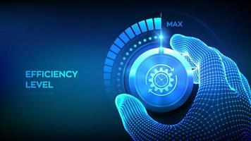 Efficiency levels knob button. Increasing credit score. Wireframe hand turning a efficiency test knob to the maximum position. Development and growth business concept. vector