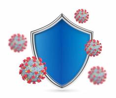 Virus protection. Shield and virus cells. Protect from virus. Microbiology and medicine. Antibiotic, vaccination against coronavirus. Coronavirus Covid-19 safety concept. vector