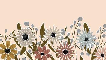 telón de fondo horizontal decorado con flores en flor y borde de hojas. vector de fondo de naturaleza de arte abstracto. marco de plantas de moda. jardín de flores. diseño de patrón floral botánico para banner de venta de verano