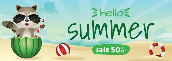 summer sale banner with a cute raccoon in the watermelon vector