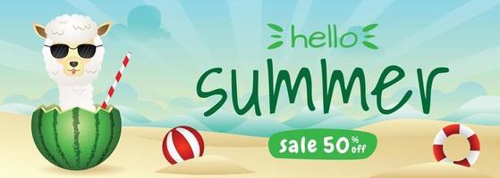 Banner de venta de verano con una linda alpaca en la sandía. vector