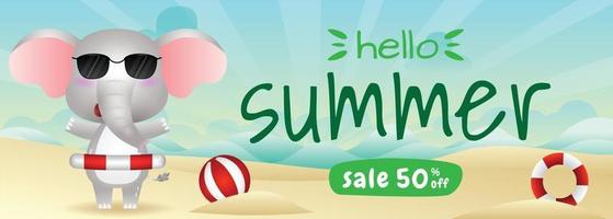 summer sale banner with a cute elephant using lifebuoy ring vector