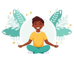 Indian boy meditating in lotus pose. Gymnastic, yoga and meditation for children. vector