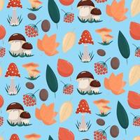 Seamless pattern with mushrooms and autumn leaves, vector illustration in flat style