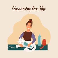 Grooming for pets, girl combs a cat, vector illustration in flat style