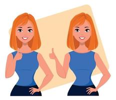 Young cartoon businesswoman showing thumb up gesture vector