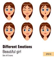 Woman with different face expressions. Young attractive girl with various emotions vector