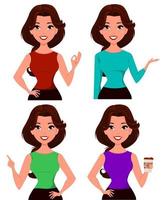 Young cartoon businesswoman dressed in office clothes showing different gestures vector