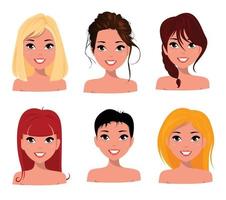 jóvenes mujeres bonitas, caras bonitas con diferentes peinados vector