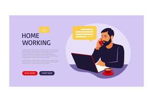 Home office concept, african man working from home. Landing page for web. Freelance or studying concept. Vector illustration. Flat style.