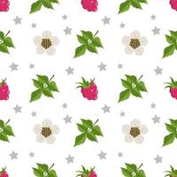 Seamless pattern with raspberries, flowers and leaves. Cute print of summer or spring berries with stars. Cute holiday decoration for textiles, wrapping paper and design. Vector flat illustration