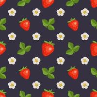 Seamless pattern with strawberries, flowers and leaves. Cute summer or spring berry print on a dark background. Festive decoration for textiles, wrapping paper and designs. Vector flat illustration