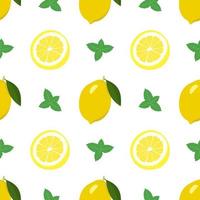 Seamless bright spring and summer pattern with lemon and slices and mint leaves. A set of citrus fruits for a healthy lifestyle. Vector flat illustration of healthy food