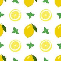 Seamless bright spring and summer pattern with lemon and slices and mint leaves. A set of citrus fruits for a healthy lifestyle. Vector flat illustration of healthy food