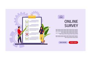 Survey of customer satisfaction. Landing page. Piece of paper with ticks and crosses. Vector illustration. Flat style